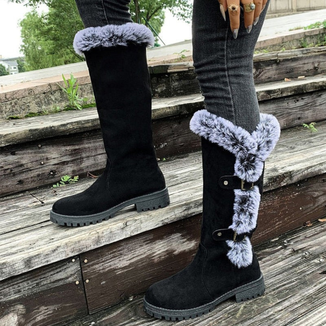 Women's Orthopedic Lined Boots with Faux Fur Trim and Buckle Detail