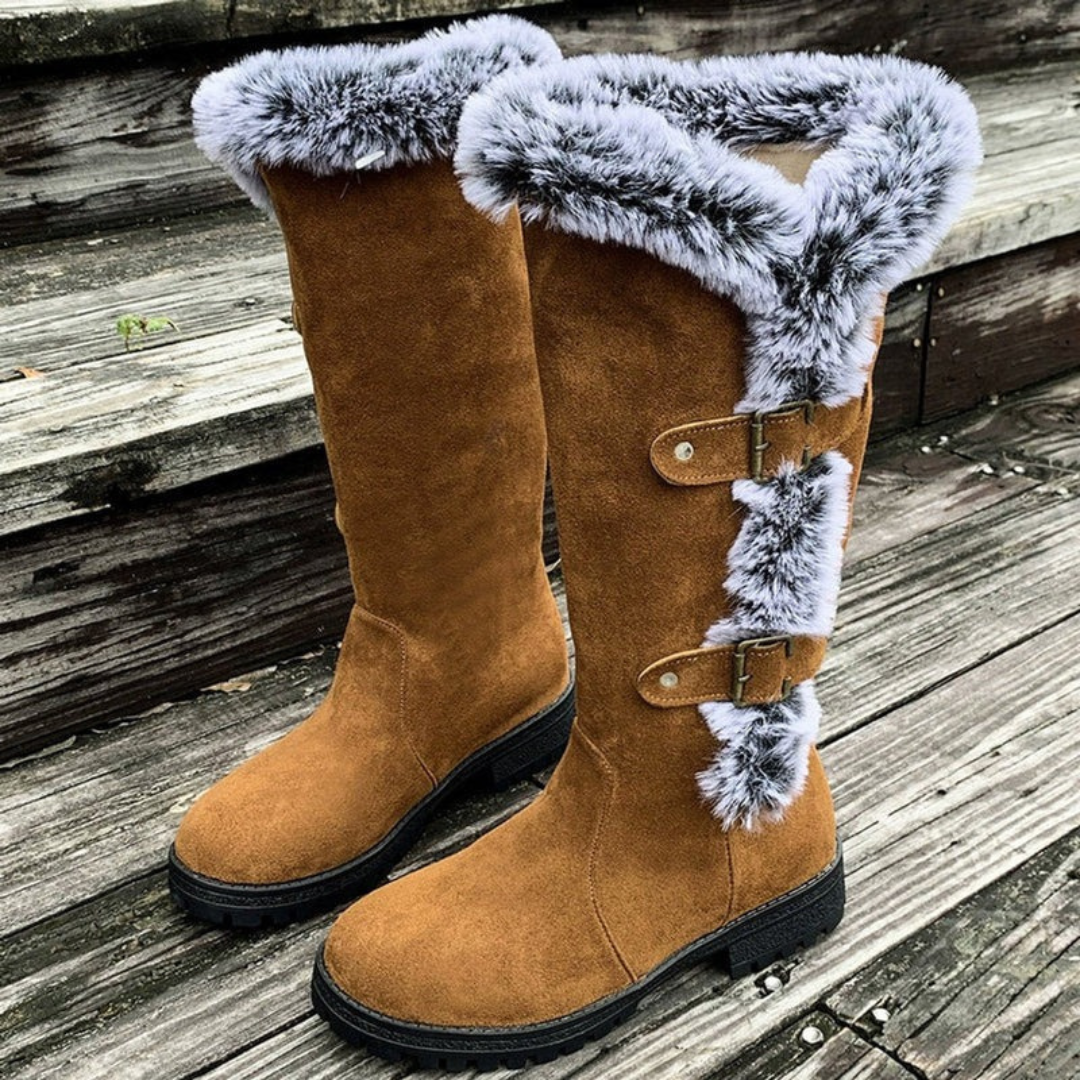 Women's Orthopedic Lined Boots with Faux Fur Trim and Buckle Detail