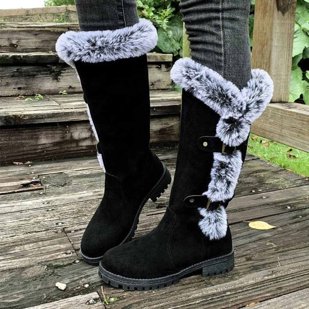 Women's Orthopedic Lined Boots with Faux Fur Trim and Buckle Detail