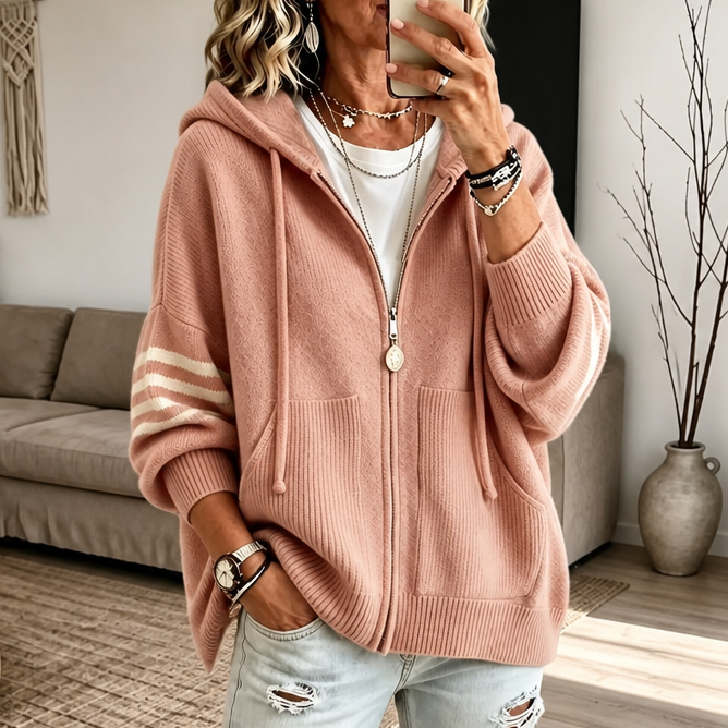 Women's Hoodies Zip Sweater Knit with Striped Sleeve Detail