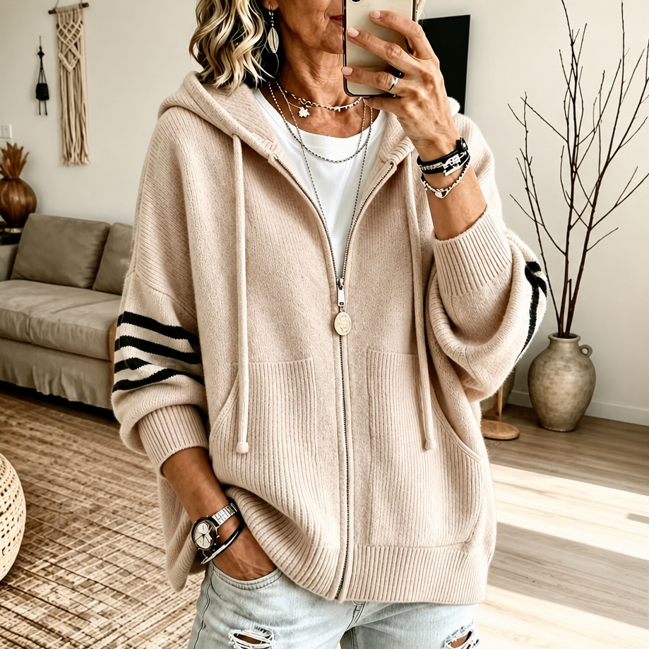 Women's Hoodies Zip Sweater Knit with Striped Sleeve Detail