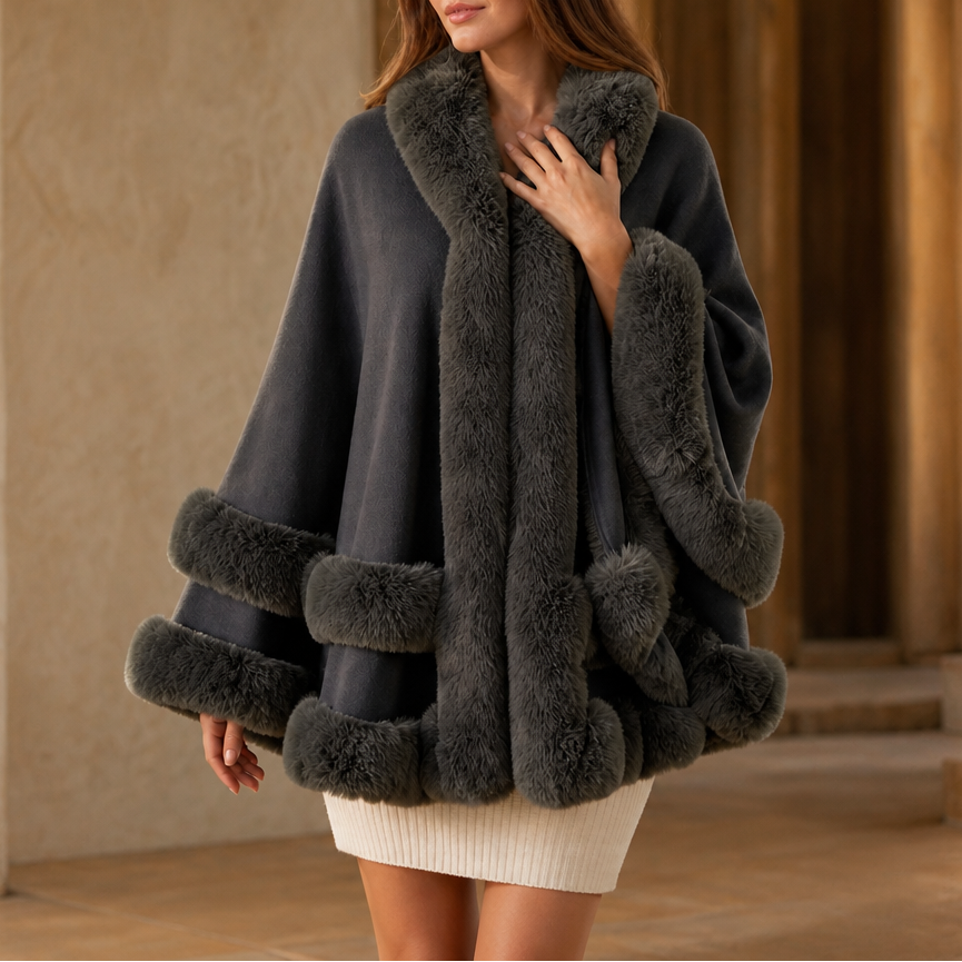 Women's Hooded Cape Coat with Faux-Fur Trim, Knit