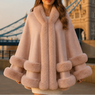 Women's Hooded Cape Coat with Faux-Fur Trim, Knit