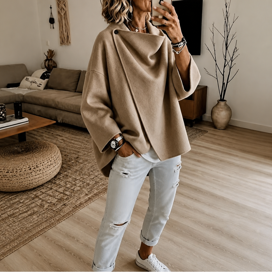 Women's Asymmetric Wrap Cape Jacket with Button Collar