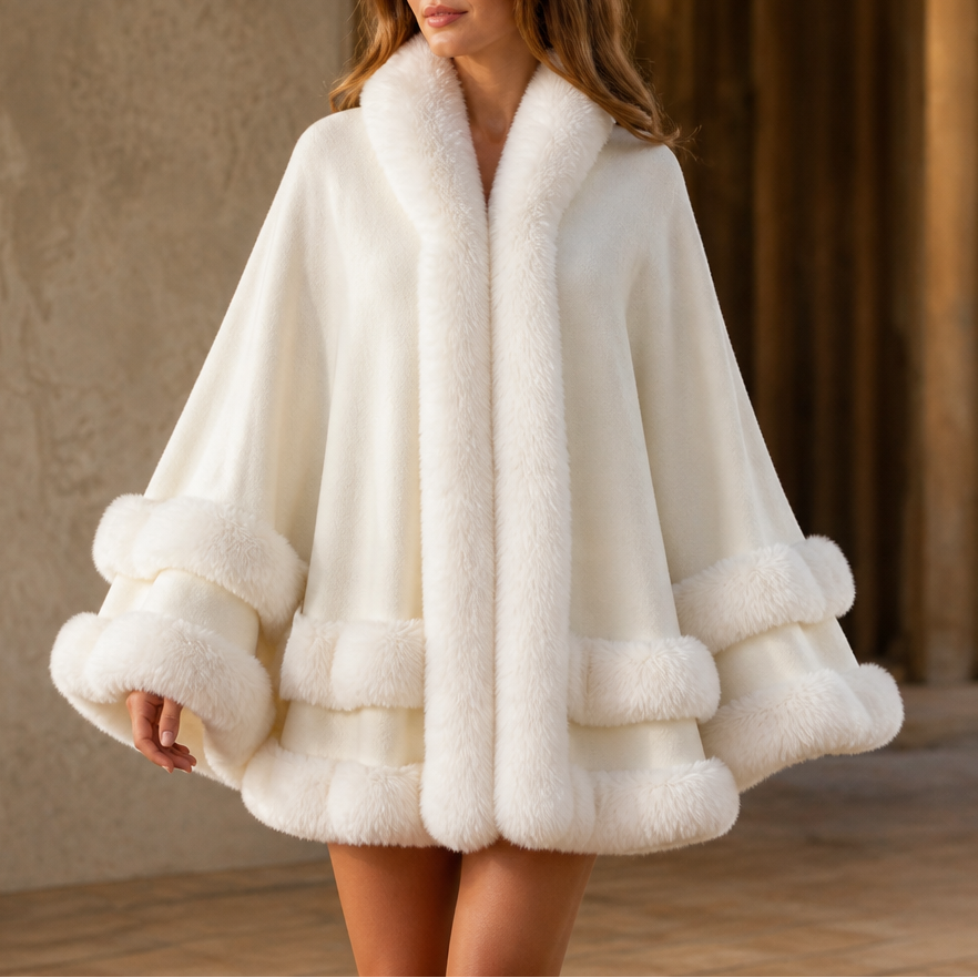 Women's Hooded Cape Coat with Faux-Fur Trim, Knit
