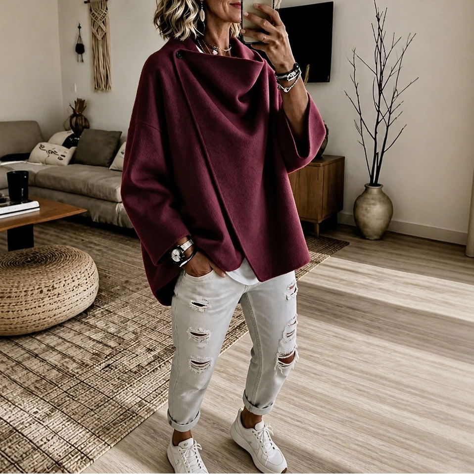 Women's Asymmetric Wrap Cape Jacket with Button Collar