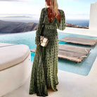 Women's Maxi Dress with Long Sleeves and V-Neck - Green