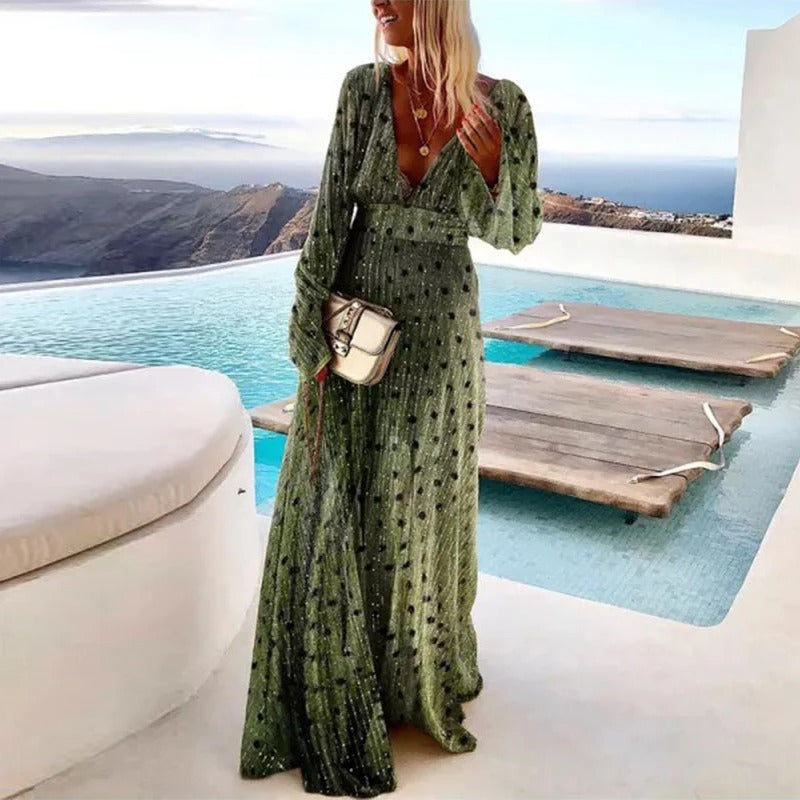 Women's Maxi Dress with Long Sleeves and V-Neck - Green