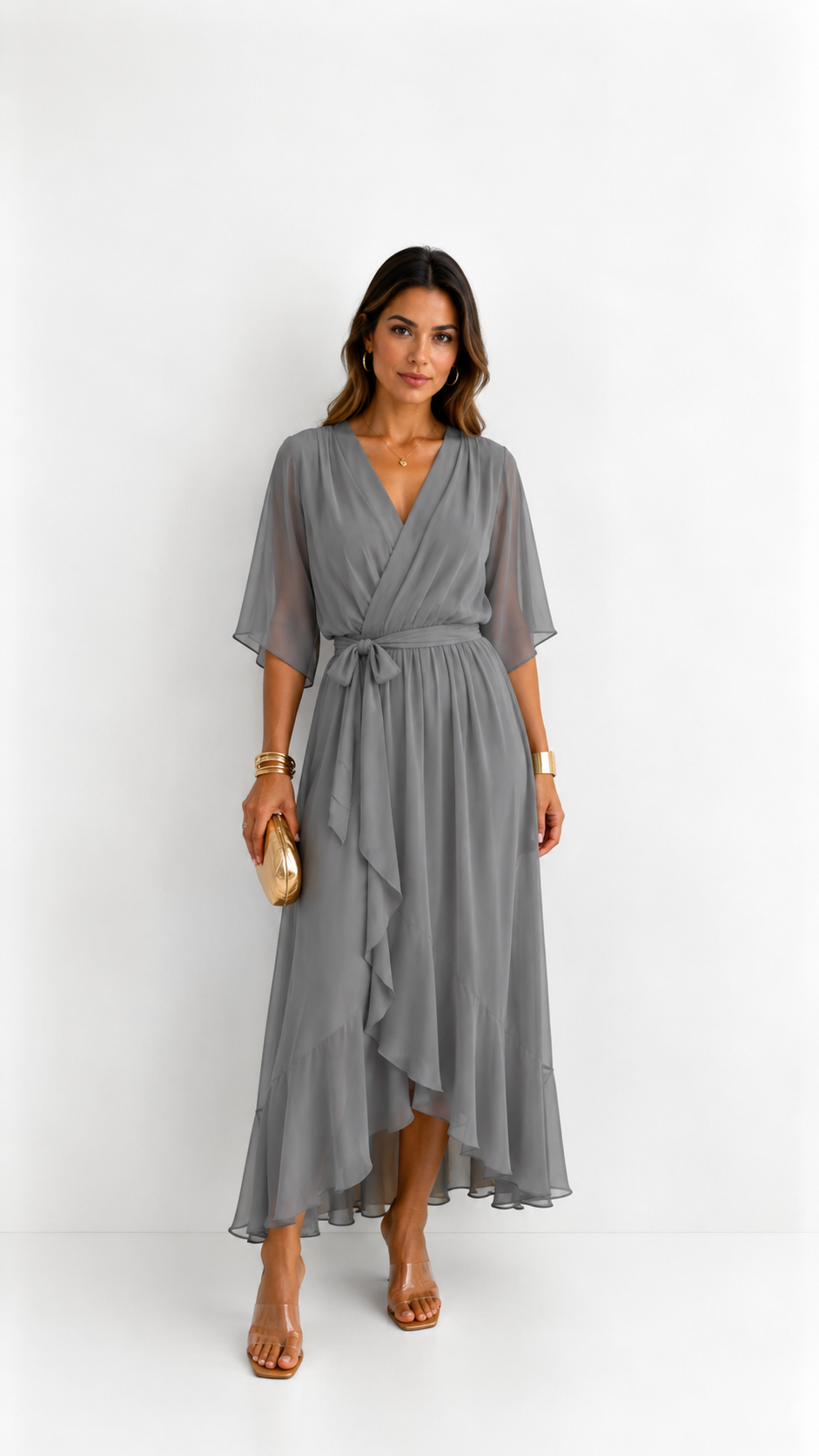 Women's Chiffon Wrap Dress with Flowing Sleeves