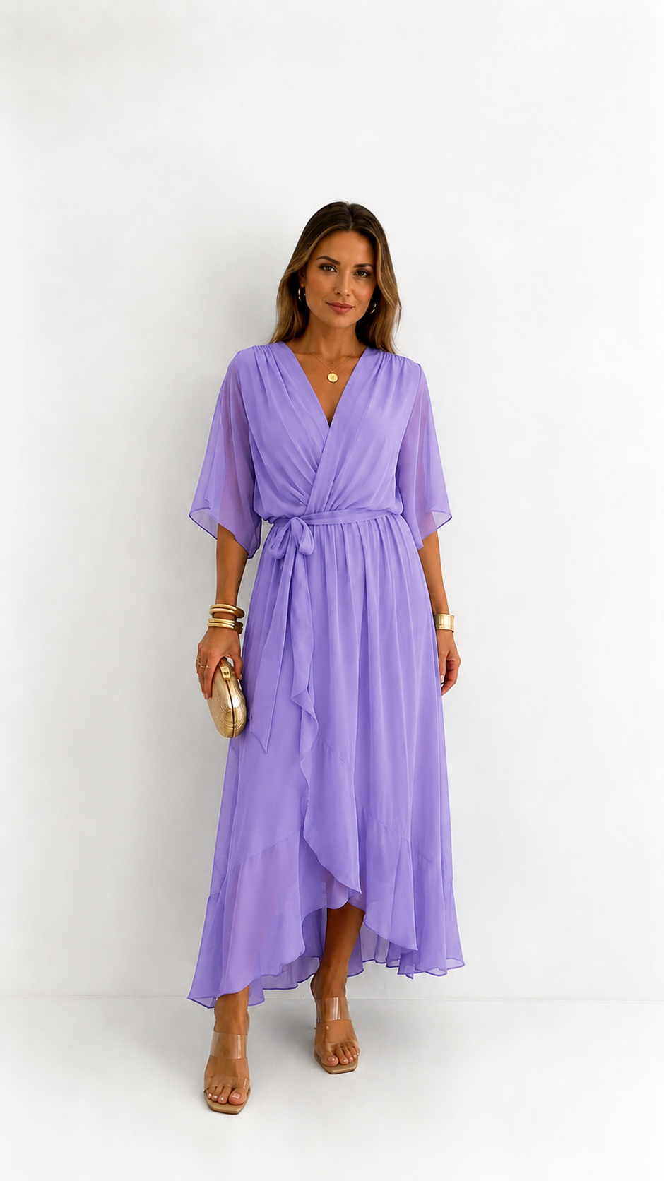 Women's Chiffon Wrap Dress with Flowing Sleeves