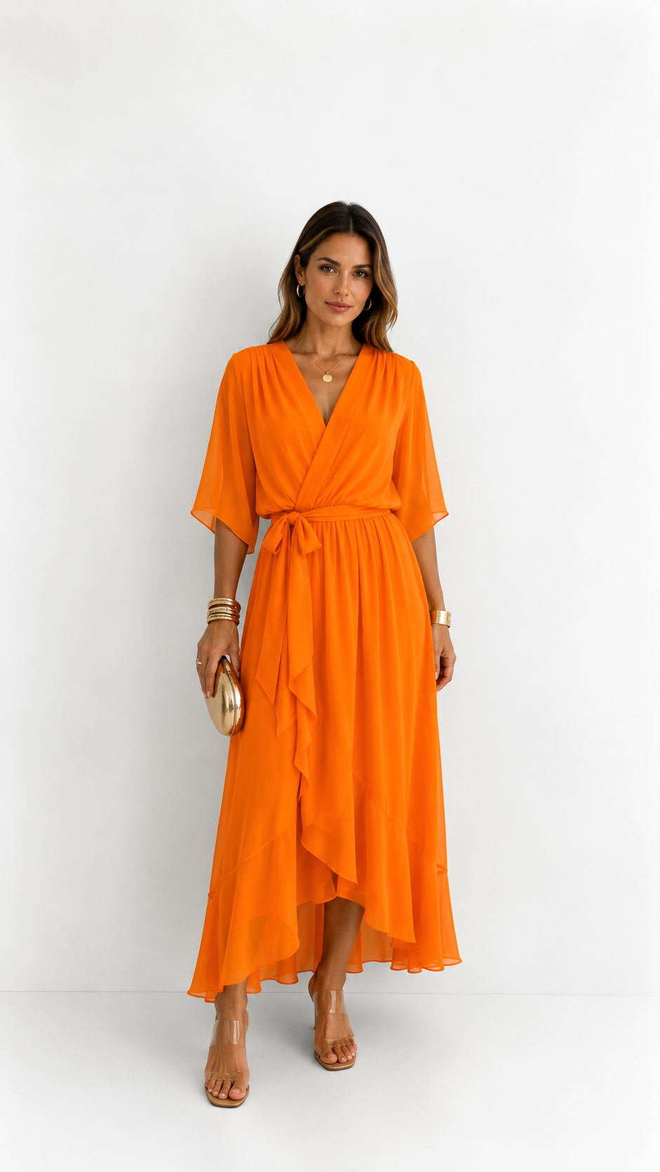 Women's Chiffon Wrap Dress with Flowing Sleeves