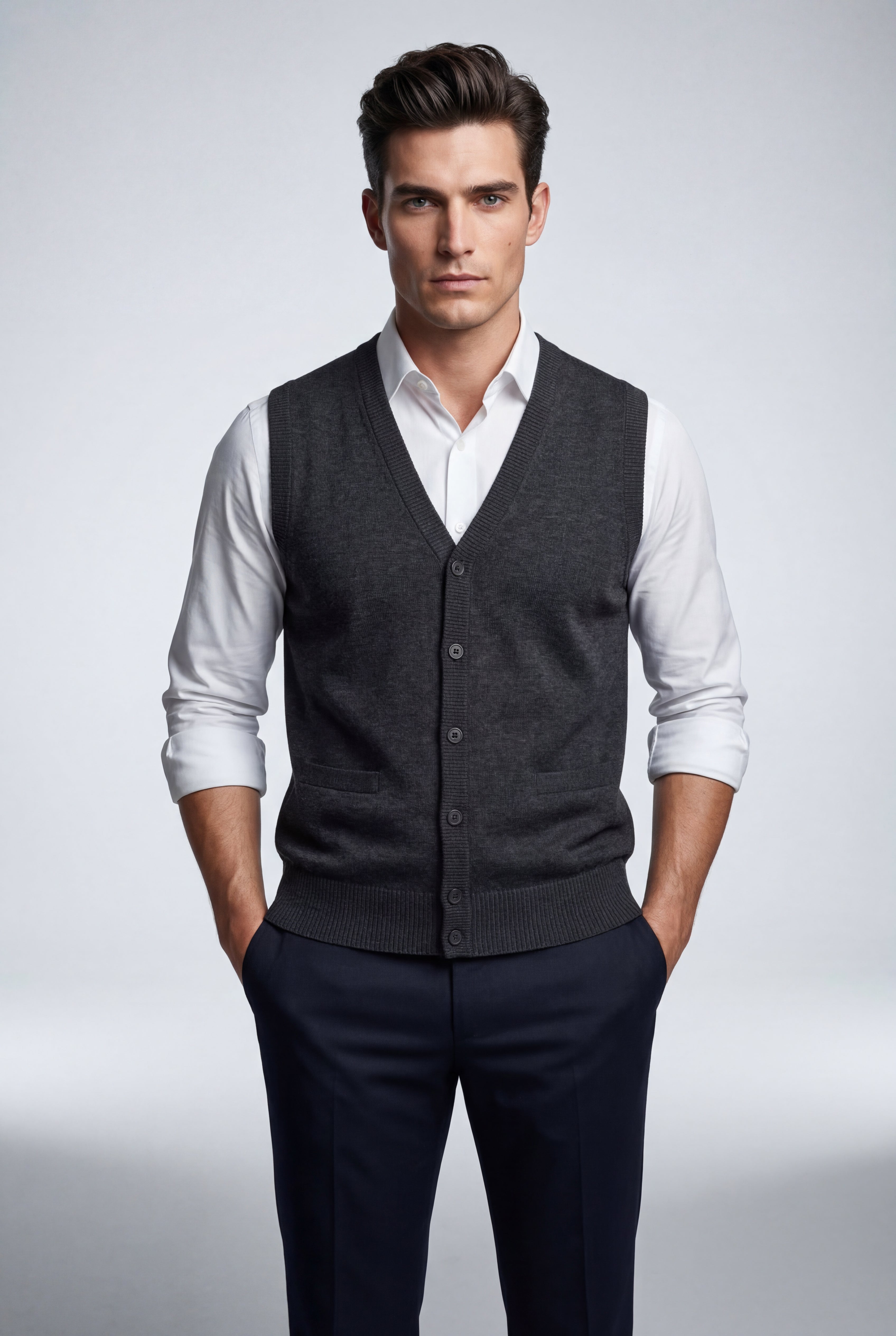 Walnut Brown Button-front V-neck Sleeveless Sweater Vest - Photo 3