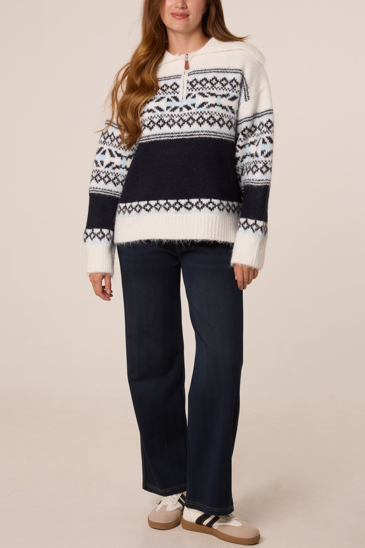 Women's Zip Collar Knit Jumper - Nordic Style Sweater