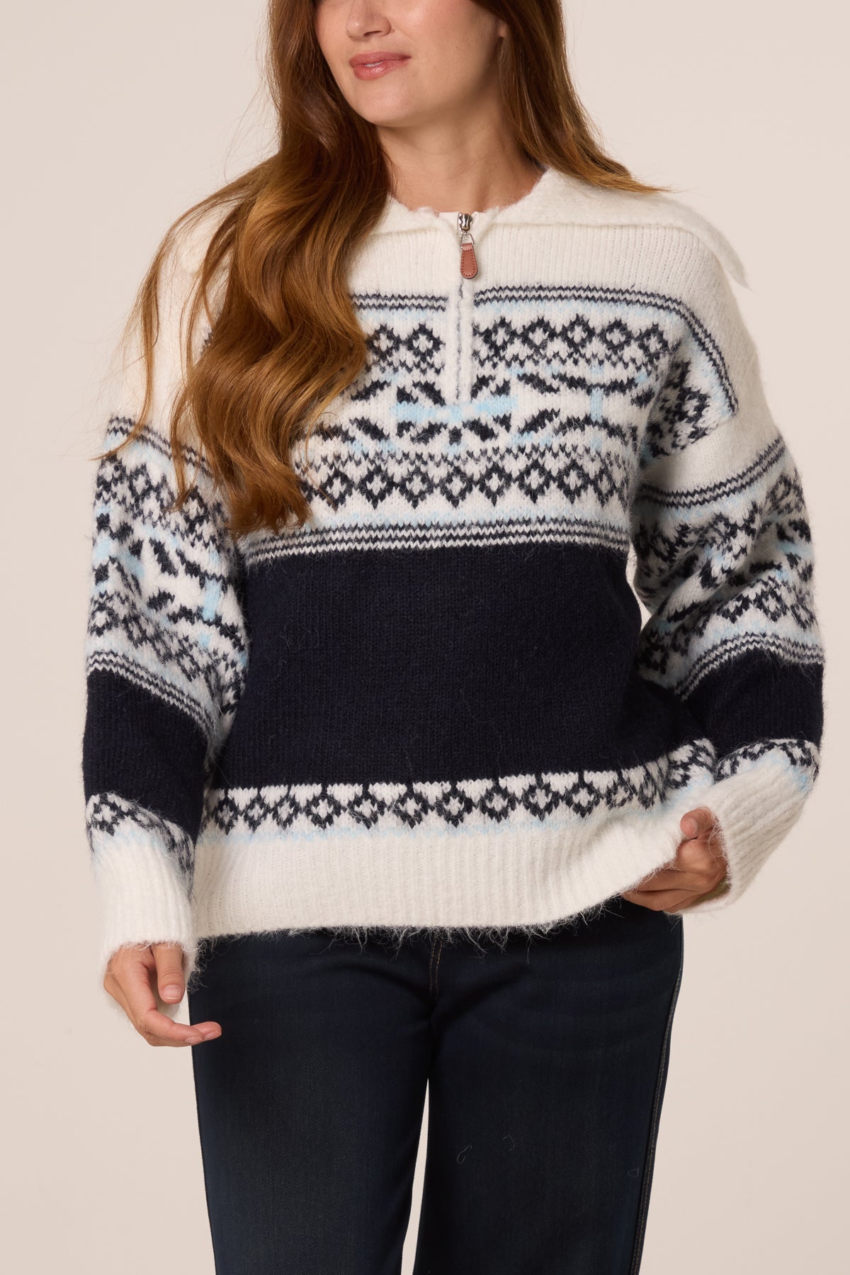 Women's Zip Collar Knit Jumper - Nordic Style Sweater