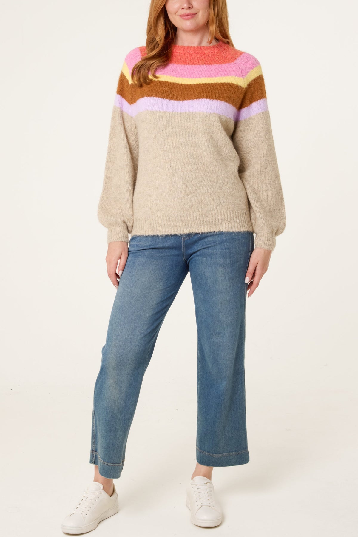 Women's Striped Jumper with Balloon Sleeves – Knitted Pullover