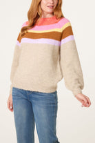 Women's Striped Jumper with Balloon Sleeves – Knitted Pullover