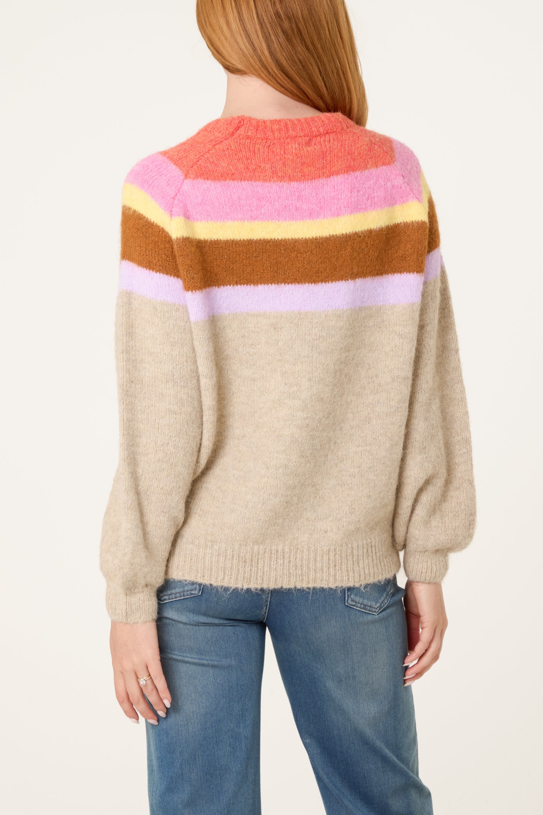 Women's Striped Jumper with Balloon Sleeves – Knitted Pullover