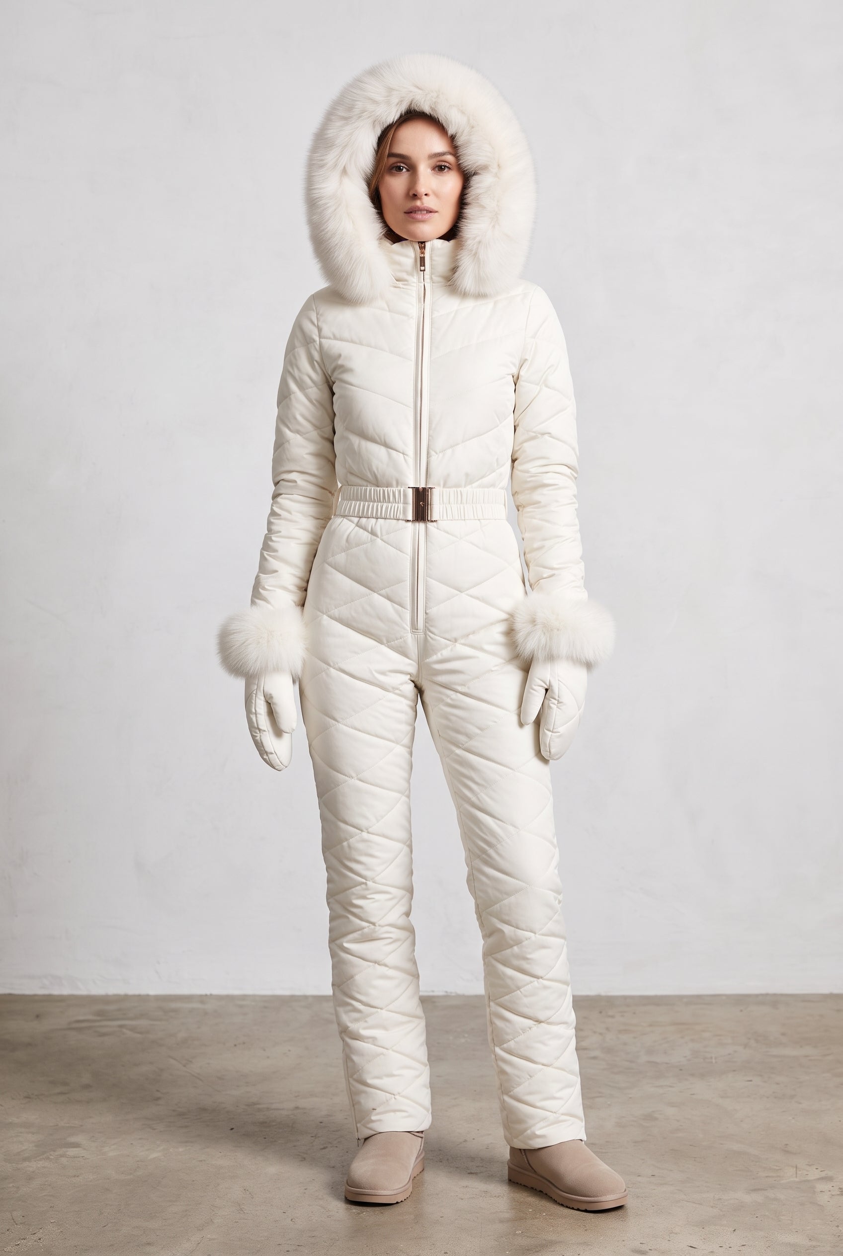 Hooded Snow Suit with Fur Trim in White — studio front