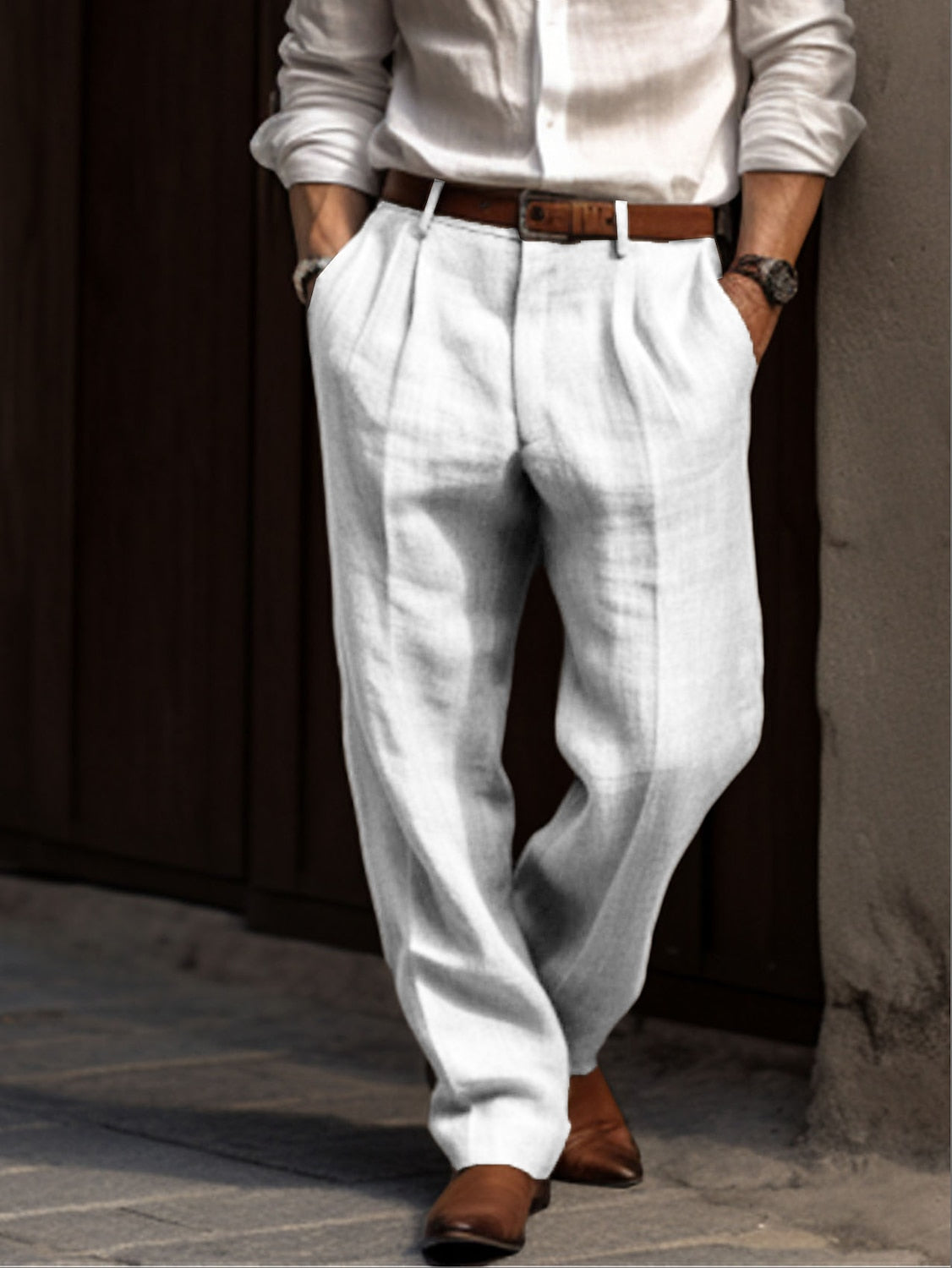 Men's Linen Blend Trousers - Breathable Relaxed Fit Casual Pants