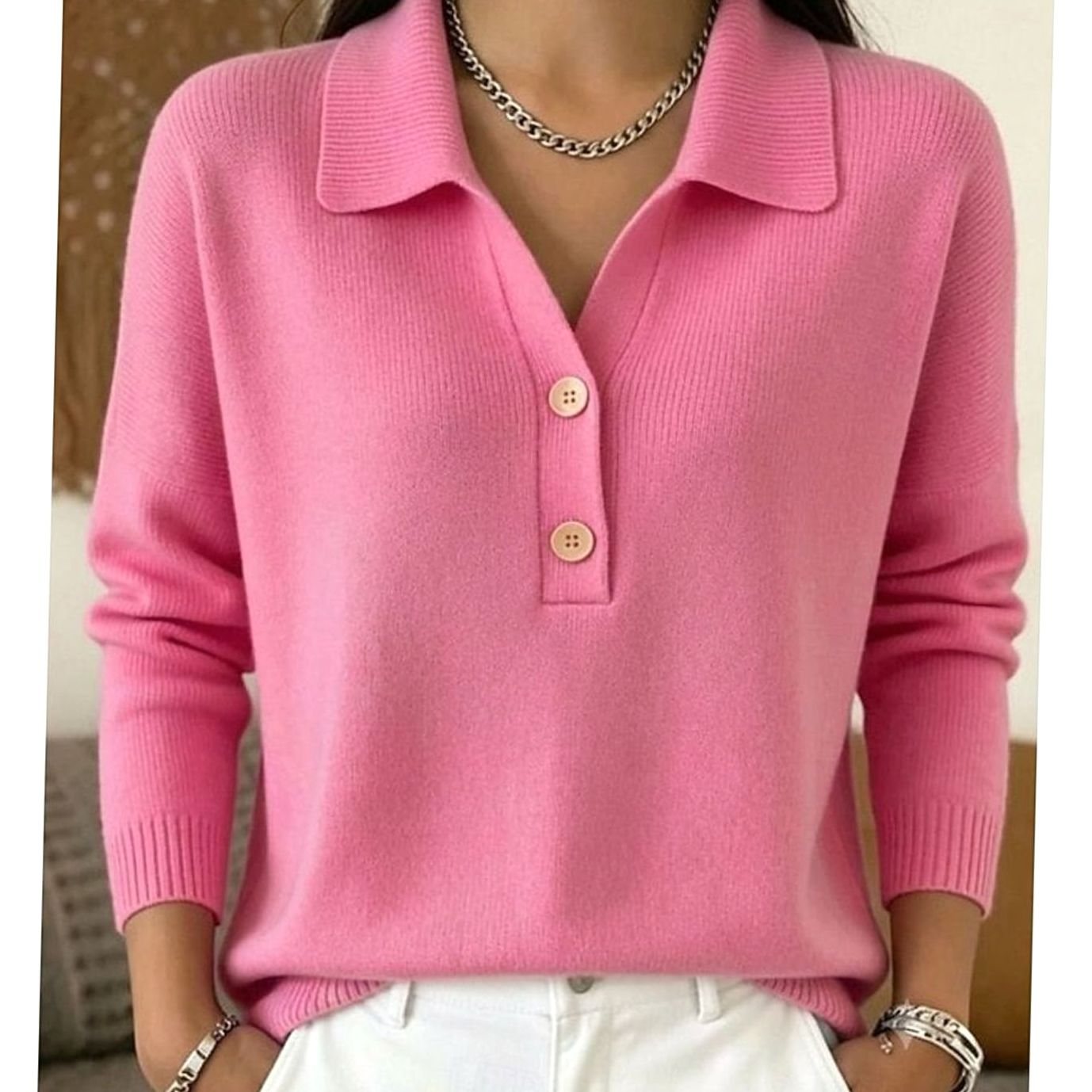 Women's Collared Knit Pullover Sweater with Button Placket