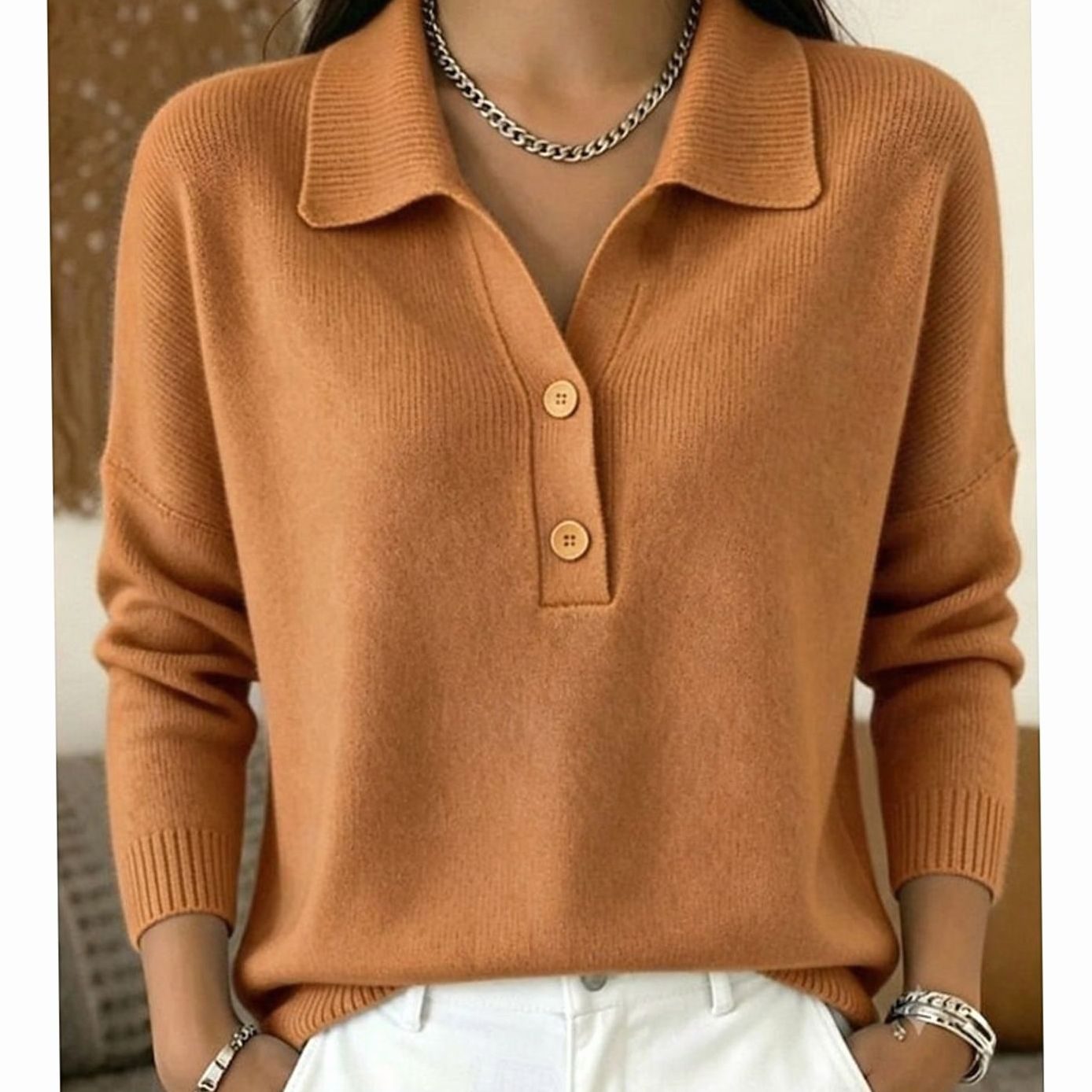 Women's Collared Knit Pullover Sweater with Button Placket