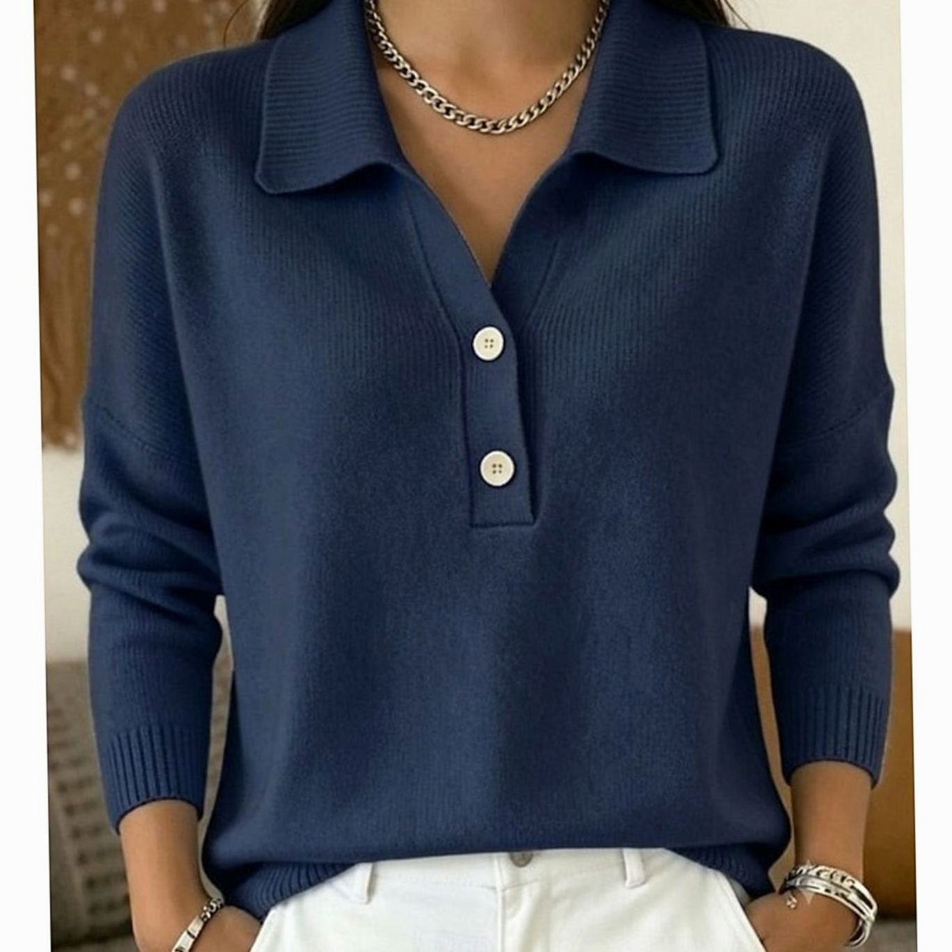 Women's Collared Knit Pullover Sweater with Button Placket