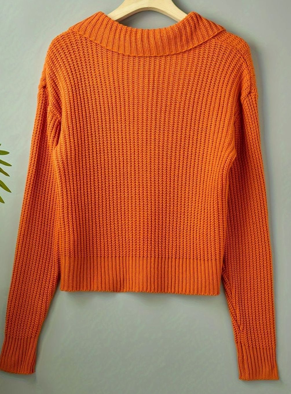 Women's Ribbed Knit Sweater with Folded Collar - Relaxed Fit Pullover