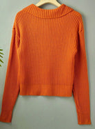 Women's Ribbed Knit Sweater with Folded Collar - Relaxed Fit Pullover