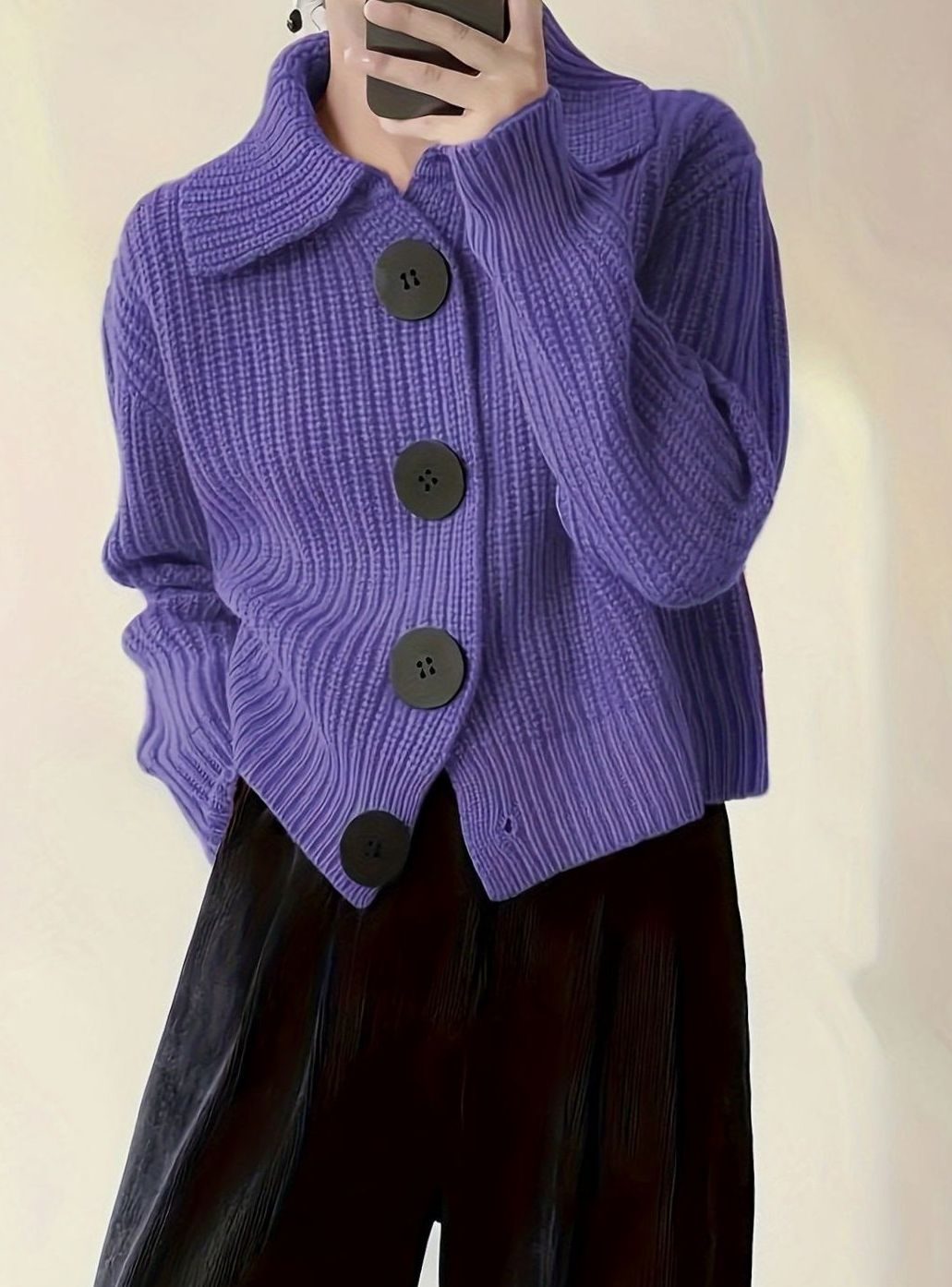 Women's Ribbed Knit Sweater with Folded Collar - Relaxed Fit Pullover