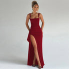 Women's Fitted Evening Maxi Dress – Square Neckline, High Split