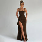 Women's Fitted Evening Maxi Dress – Square Neckline, High Split