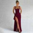 Women's Fitted Evening Maxi Dress – Square Neckline, High Split
