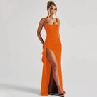 Women's Fitted Evening Maxi Dress – Square Neckline, High Split