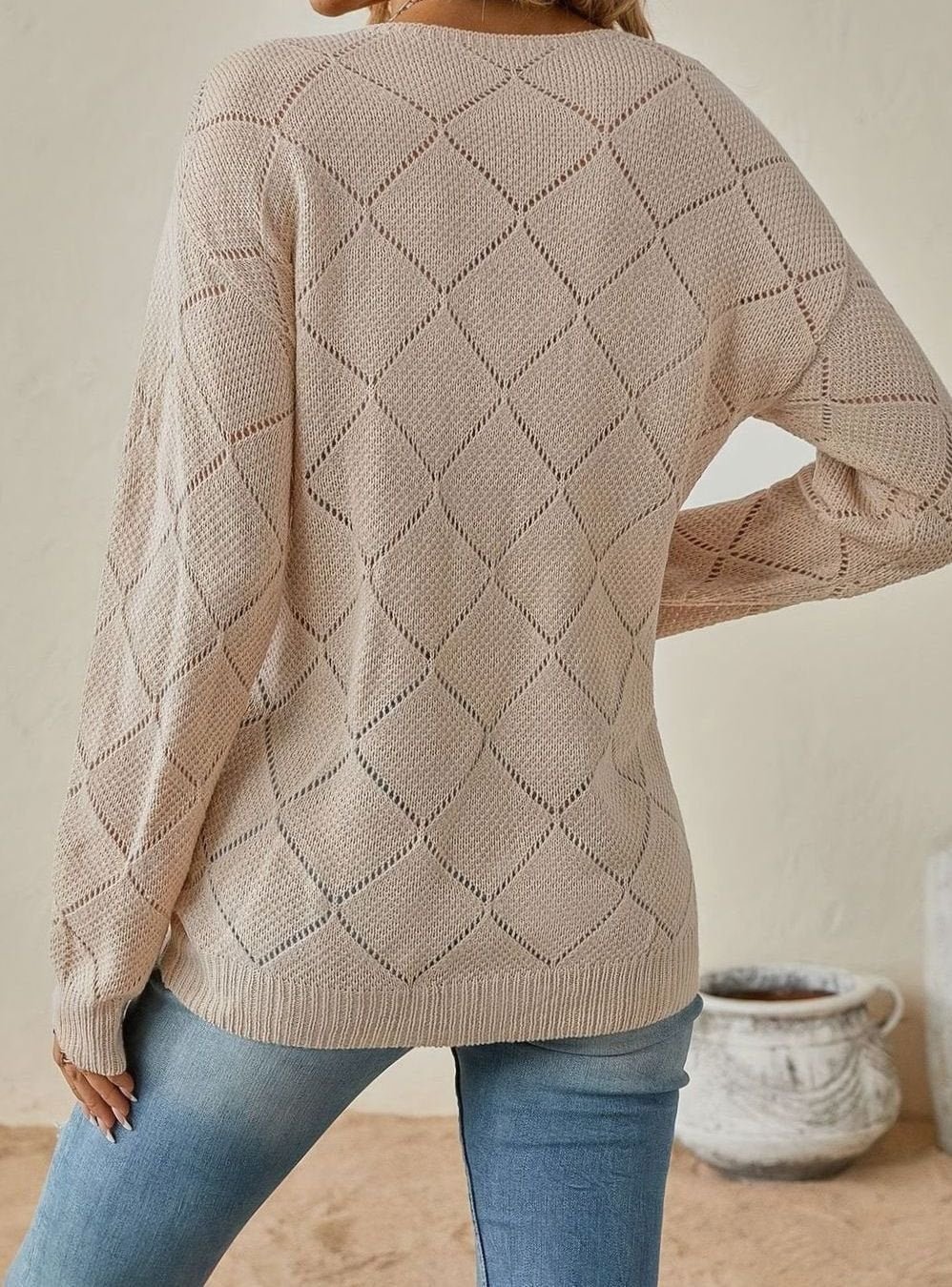 Women's V-Neck Diamond-Knit Sweater with Openwork Detail
