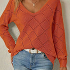 Women's V-Neck Diamond-Knit Sweater with Openwork Detail