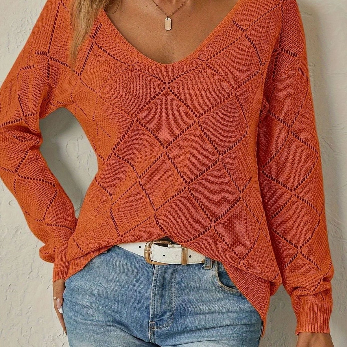 Women's V-Neck Diamond-Knit Sweater with Openwork Detail