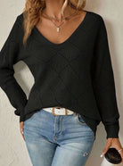 Women's V-Neck Diamond-Knit Sweater with Openwork Detail