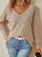 Women's V-Neck Diamond-Knit Sweater with Openwork Detail