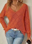 Women's V-Neck Diamond-Knit Sweater with Openwork Detail