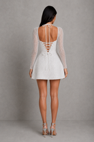 Women's Beaded Mini Dress with Bubble Hem and Sheer Sleeves