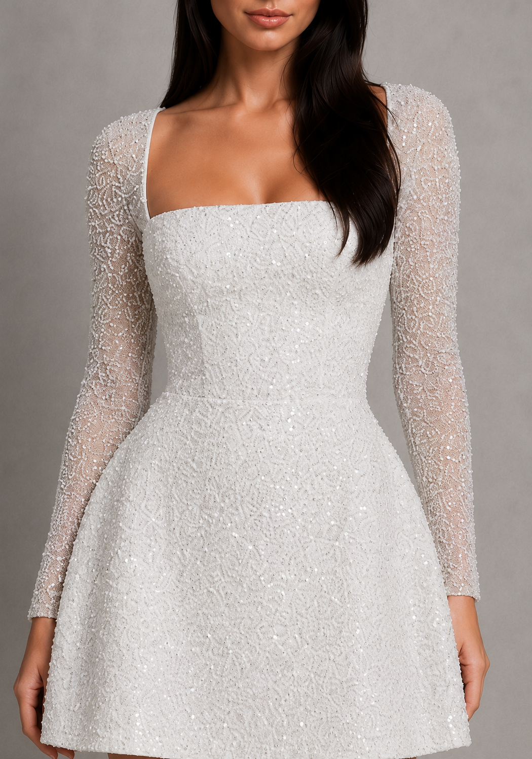 Women's Beaded Mini Dress with Bubble Hem and Sheer Sleeves