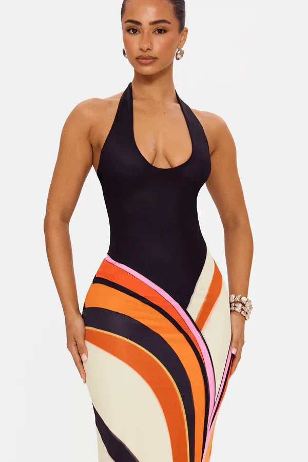 Women's Black Satin Cocktail Maxi Dress - Sleeveless