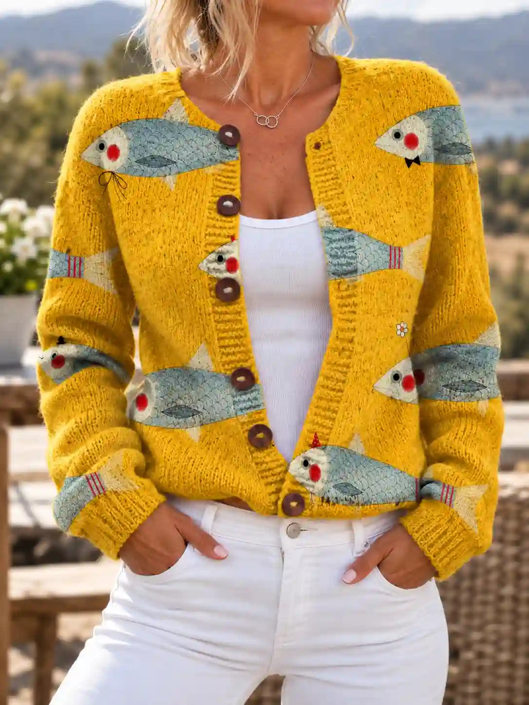 Women's Fish Print Cardigan Button-Front Ribbed Cuffs