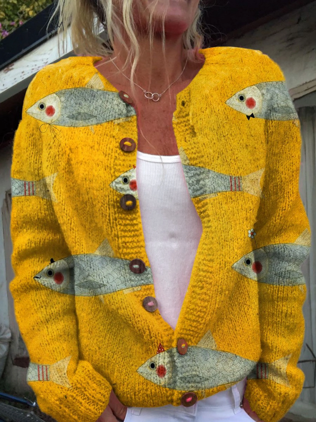 Women's Fish Print Cardigan Button-Front Ribbed Cuffs