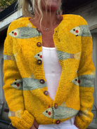 Women's Fish Print Cardigan Button-Front Ribbed Cuffs