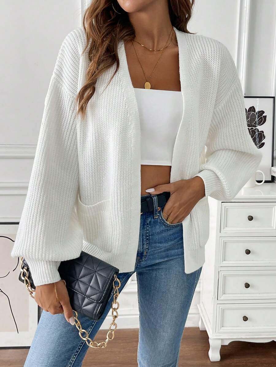 Women's Open Front Cardigan Ribbed Knit with Front Pockets