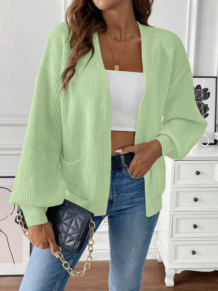Women's Open Front Cardigan Ribbed Knit with Front Pockets