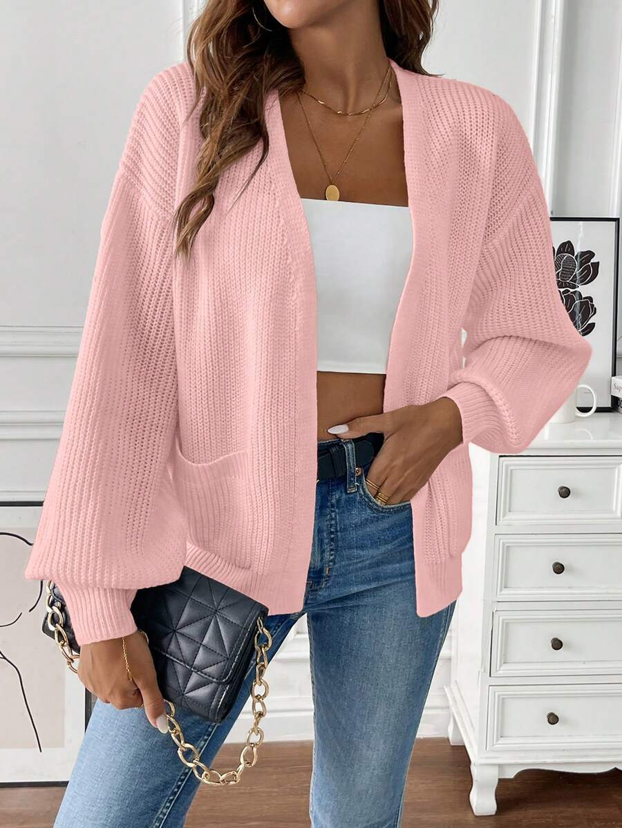 Women's Open Front Cardigan Ribbed Knit with Front Pockets