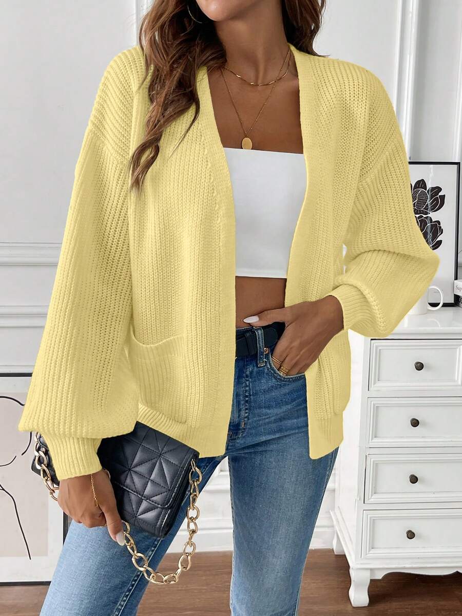 Women's Open Front Cardigan Ribbed Knit with Front Pockets