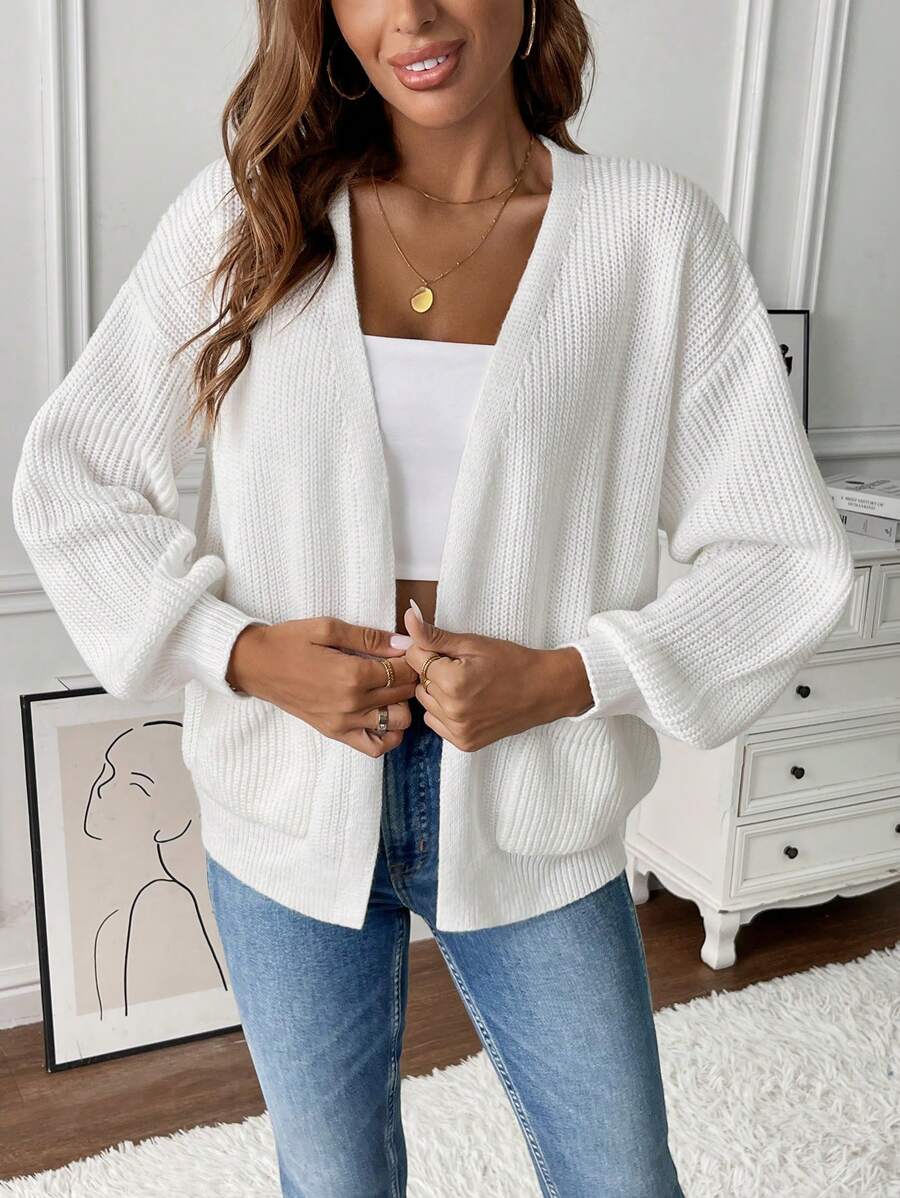 Women's Open Front Cardigan Ribbed Knit with Front Pockets
